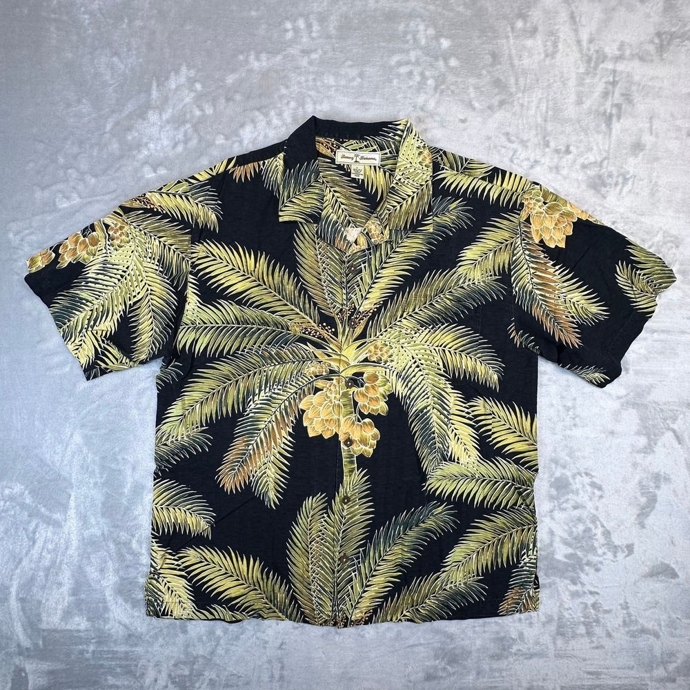 Tommy Bahama Shirt Mens L Black T31174 Silk Palm Leaf Tropical Camp Button Up